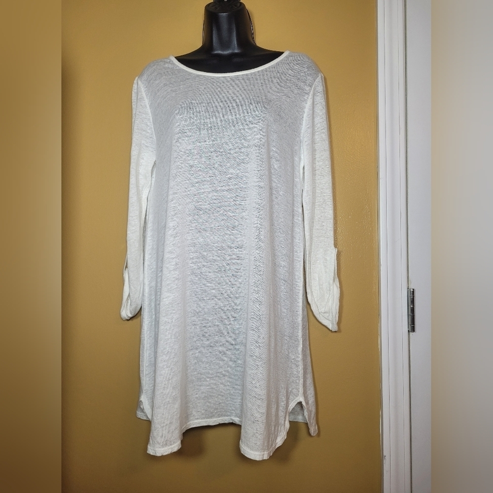 Match Point Linen Mother of Pearl Long Sleeve White Tunic Shirt sz L